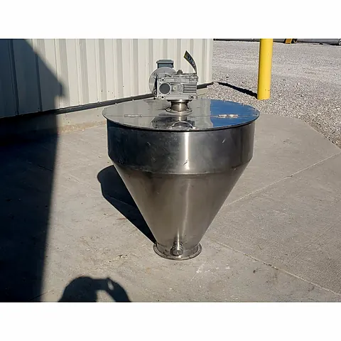 Stainless steel cone-bottom hopper with top-mounted agitator drive